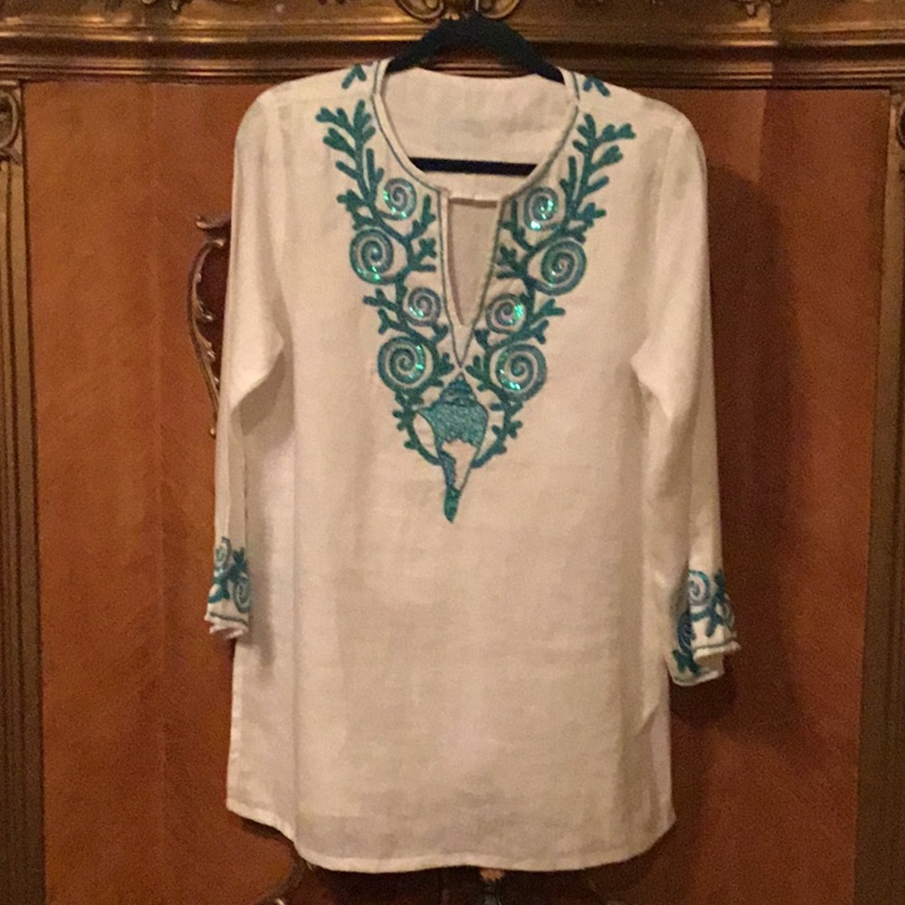 White Linen Boho Tunic w/ Blue Sequins & Beads